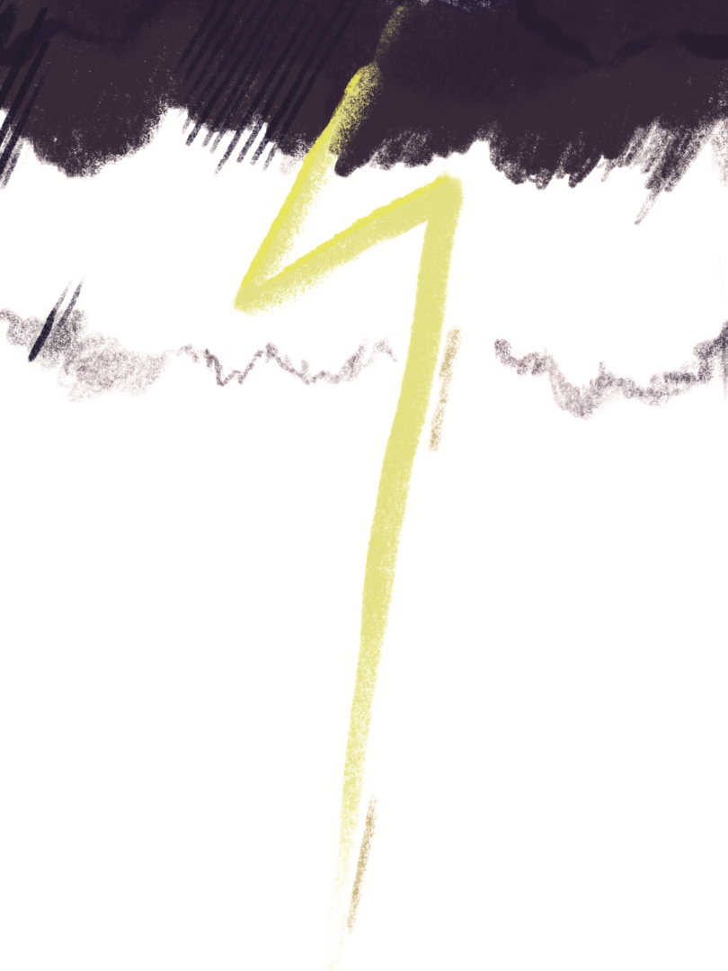 Illustration eines Gewitters mit dunklen Wolken und Blitz