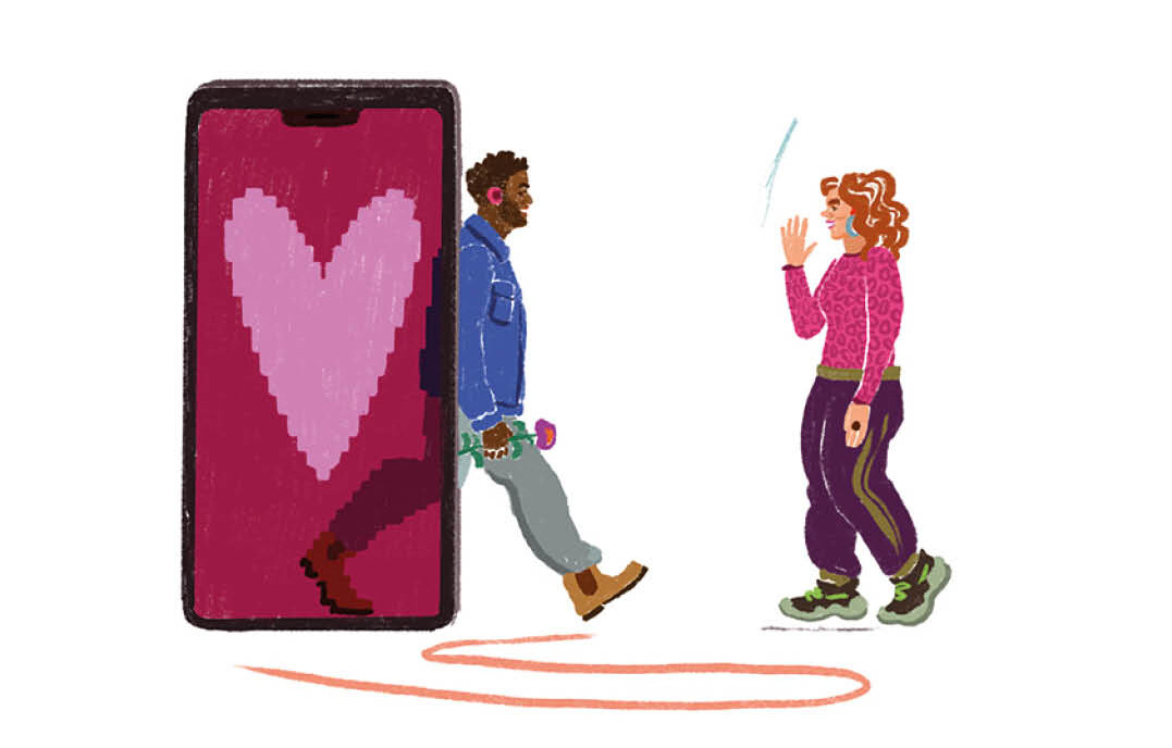 Dating-Tipps Illustration zum Online-Dating: Smartphone und zwei Personen