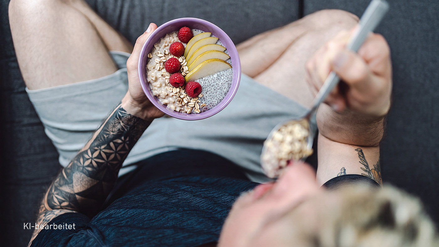Ballaststoffreiche Lebensmittel Mann, der Porridge mit Obst isst