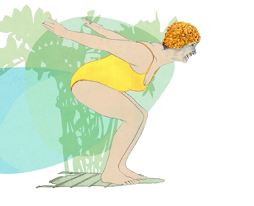 Illustration einer älteren Frau im gelben Badeanzug, die Schwung für einen Sprung holt