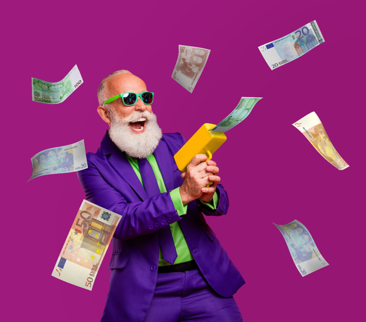 Wahltarif Back2You Mann, der mit einer Geldpistole Euroschein schießt