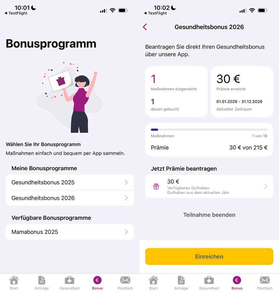 Screen Bonusprogramm der BAHN-BKK App