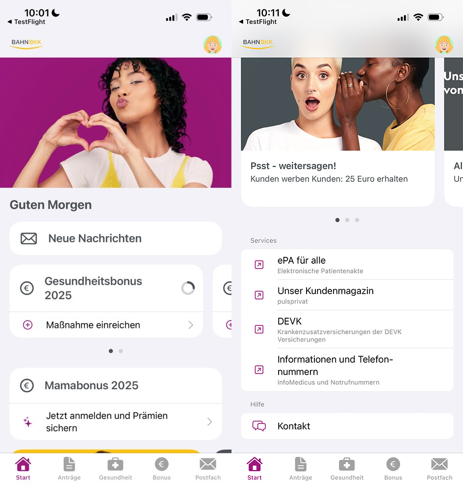 Startscreen der BAHN-BKK App