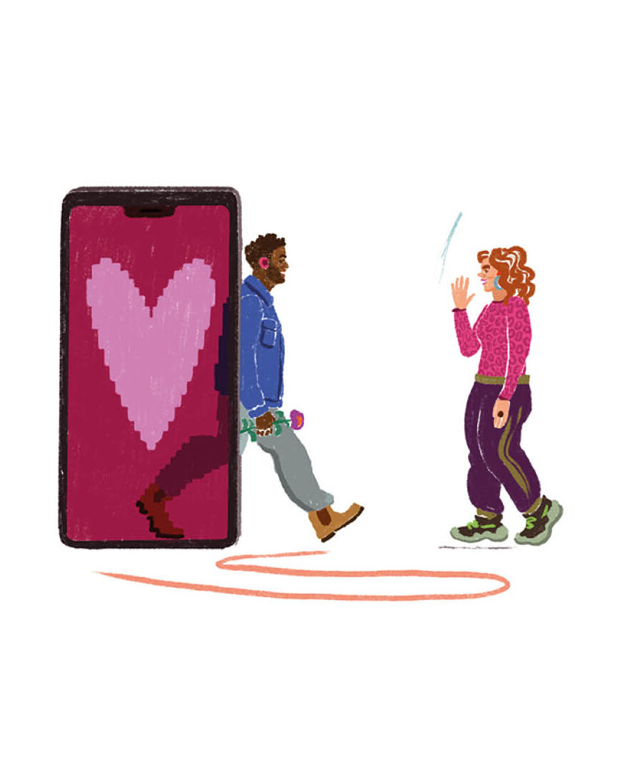 Dating-Tipps Illustration zum Online-Dating: Smartphone und 2 Personen