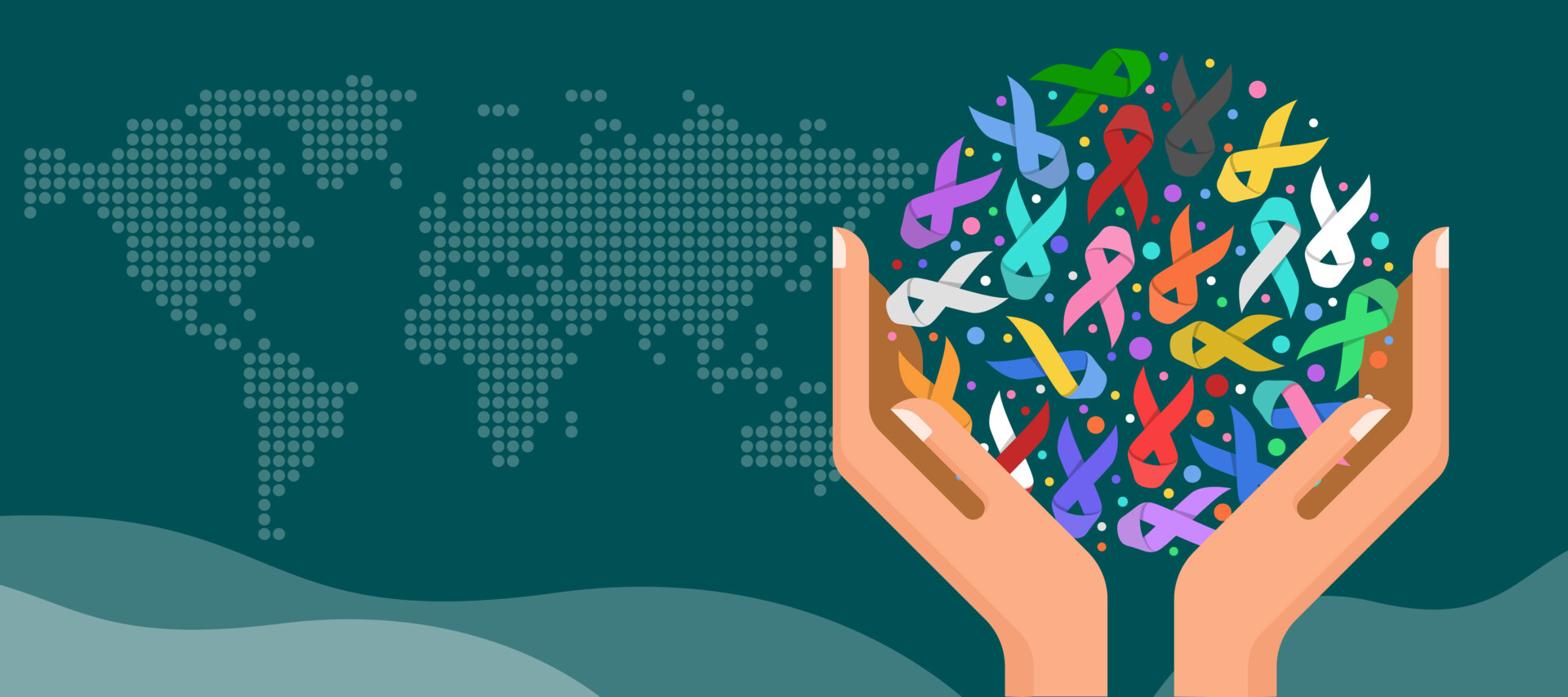 Vortrag Brust- und Hodenkrebs Grafik Hände mit verschiedenfarbigen Schleifen