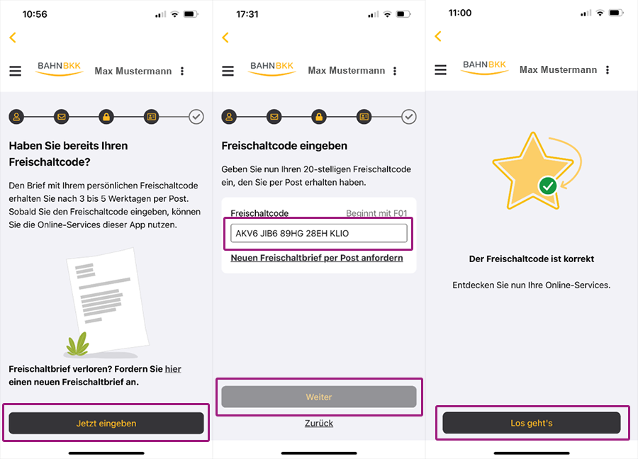 Screenshots aus der BAHN-BKK App