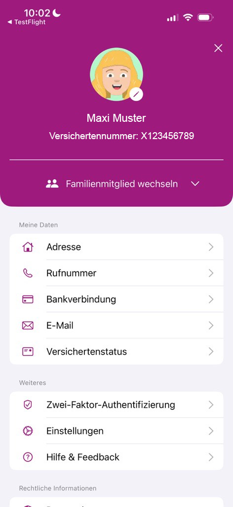 Profilscreen der BAHN-BKK App