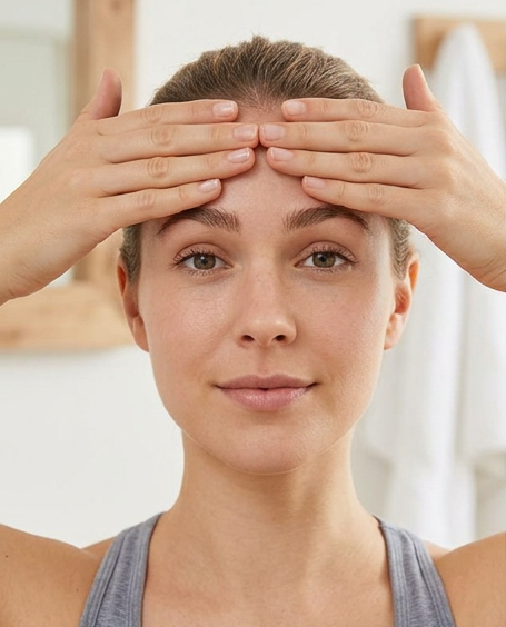 Face Yoga Übung 1 Frau macht Face Yoga-Übung Stirnglätter